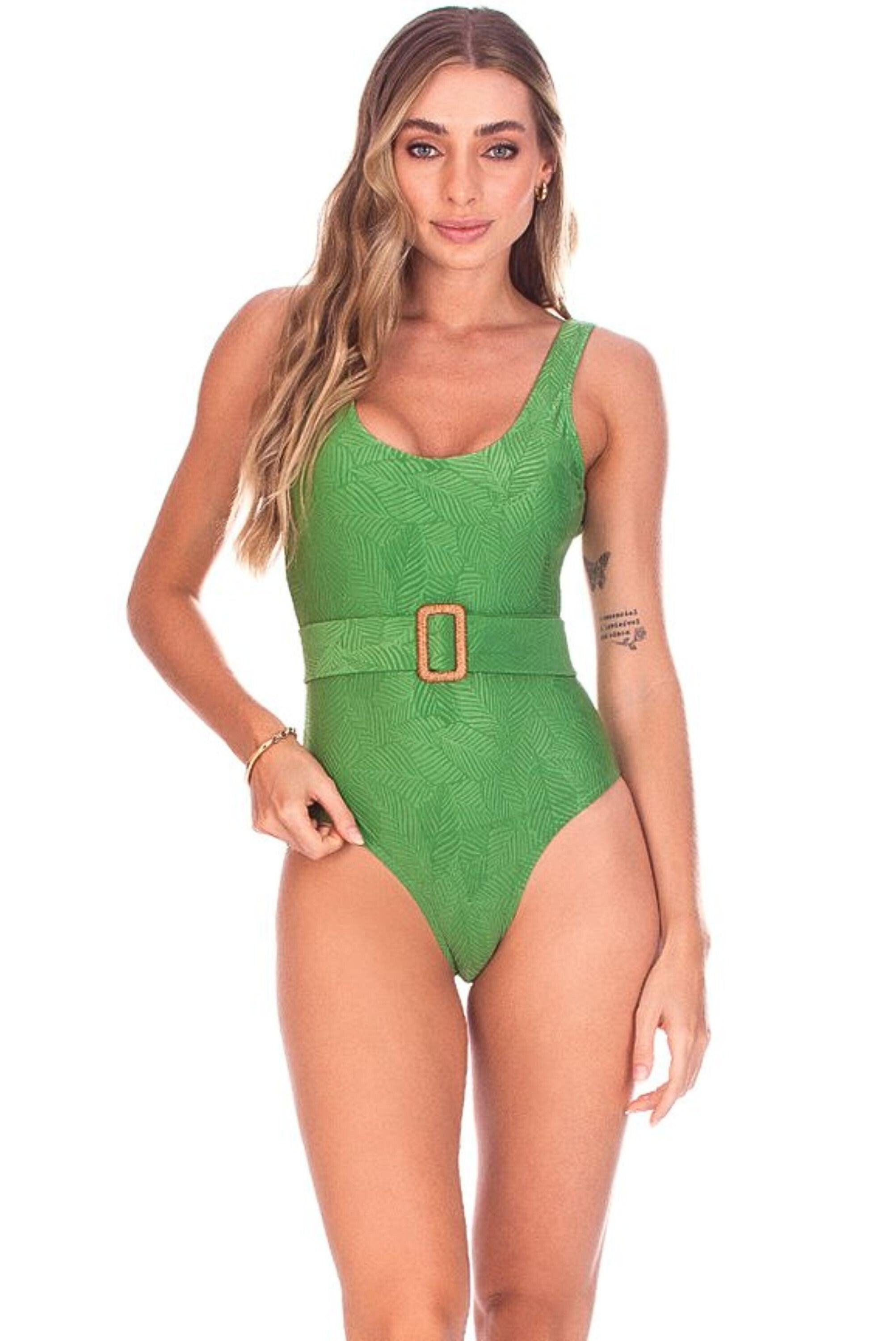Green Buckle Belted One Piece Swimsuit. - Usay Buy 
